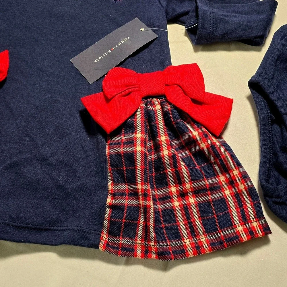 Tommy Hilfiger Baby Girl 18m Navy Plaid Bow Dress Set with‎ Diaper Cover NWT